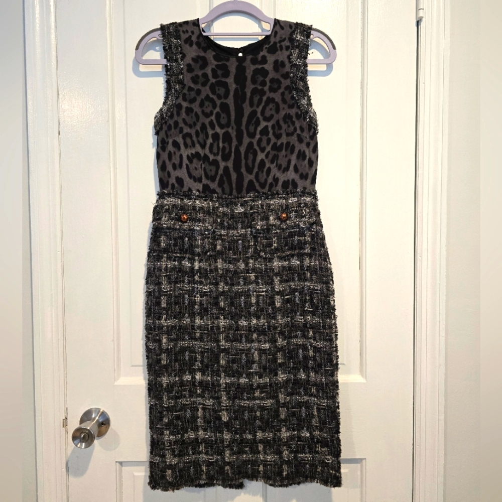 Dolce & Gabbana Grey Leopard Print Tweed Wool Blend Sheath Dress IT36 US0-2 XS